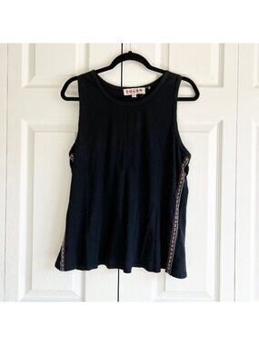 Anthropologie Dolan Lucy Black Embroidered Split Back Tank Women's Size Medium M